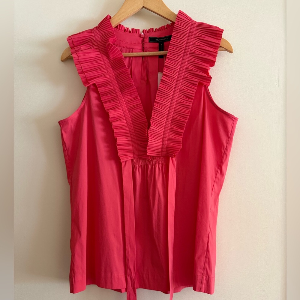 ✨NWT BCBGMaxAzria Hot Pink Pleated Ruffle Sleeveless Blouse Top Feminine Chic